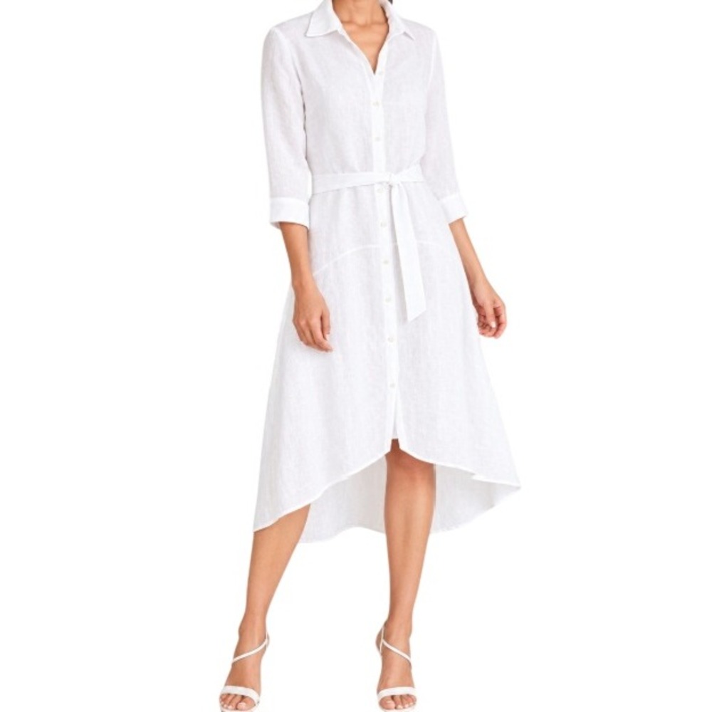 Chico's Womens 14 White High Low Belted Linen Shirt Dress NWT